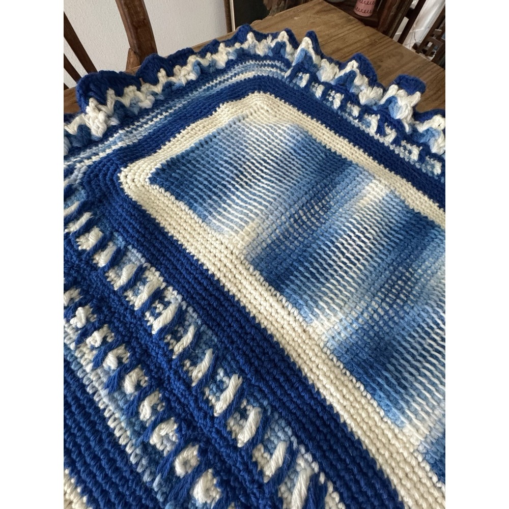 Handmade Crochet Afghan Throw Blue White Artisan Ruffle Shell Border 60 X 72" in - Picture 7 of 13
